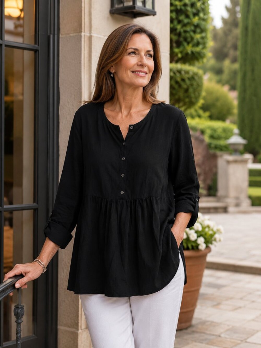 J. Jill Black Shirred Classic Solid 1/2 Button Front Long Sleeve Tunic Top